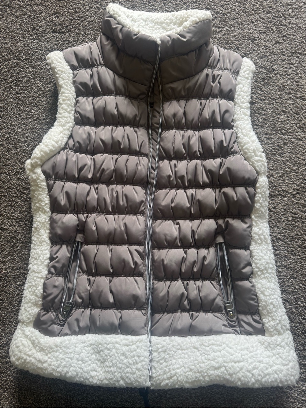 Calvin Klein Performance Taupe Quilted Vest with Ivory Sherpa Trim